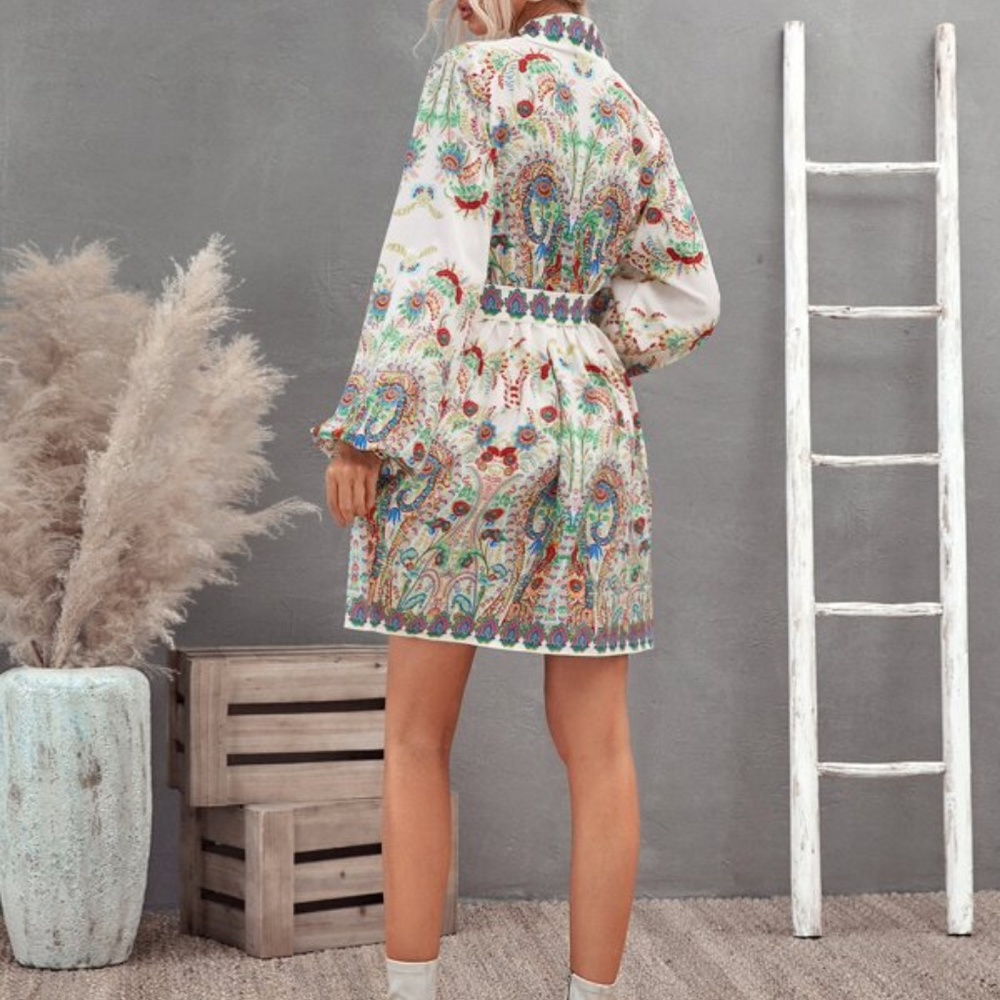 Bohemian Floral print V neck Gypsy Mini Dress - Picture 5 of 8